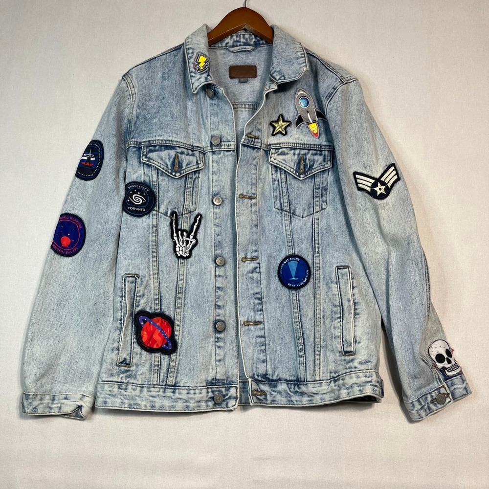 ASOS Denim Jacket Mens Large Light‎ Wash Patched Space USA Theme - Size L - Picture 3 of 7